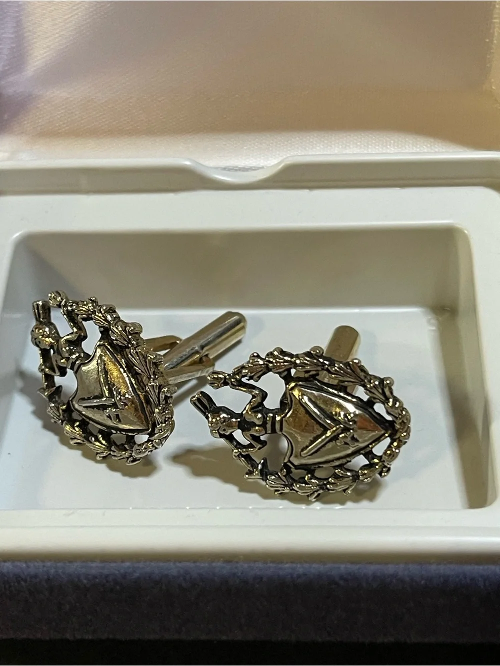 Vintage Style Bullet-Back Cufflinks / Ornate Heraldic Crest / Toggle backs